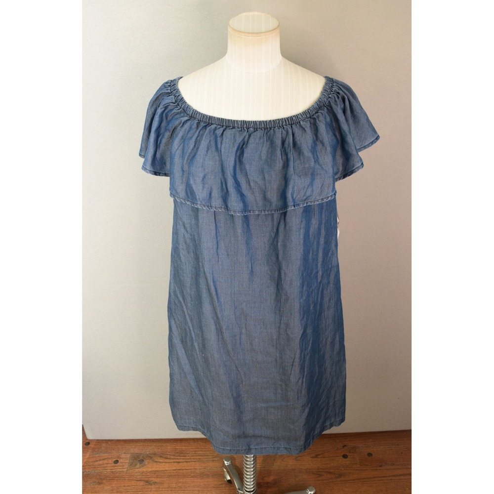 Tommy Bahama Dress Medium Blue Chambray Off Shoulder Tencel Ruffle New